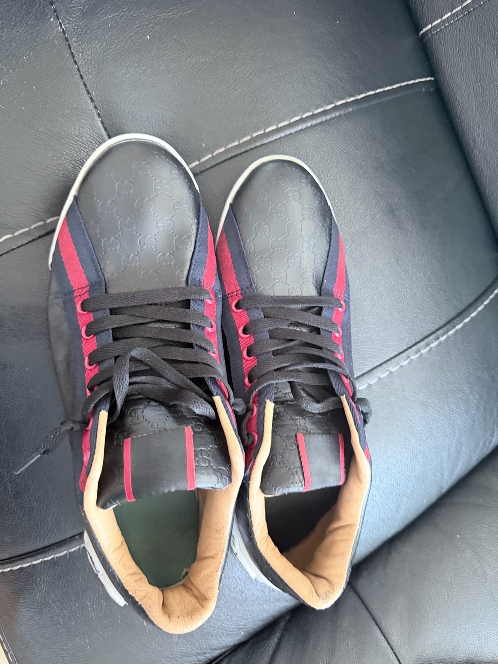 Gucci Black Sneakers with Red Stripe Accents